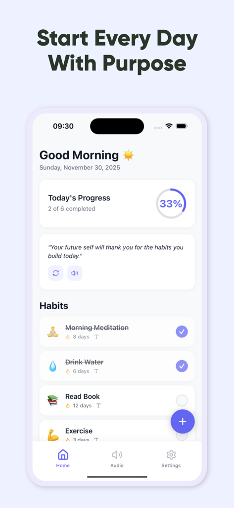 Un tableau de bord minimaliste de l'application de suivi d'habitudes Rodjo montrant les progrès quotidiens et une liste d'habitudes comme la méditation et l'exercice.