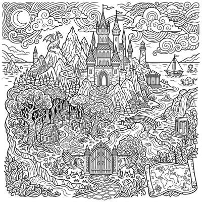 Uncover the magic of a legendary land with this intricate mythical island coloring page, thoughtfully designed for seniors. This captivating scene blends fantasy elements with clear lines for an engaging and accessible creative escape.