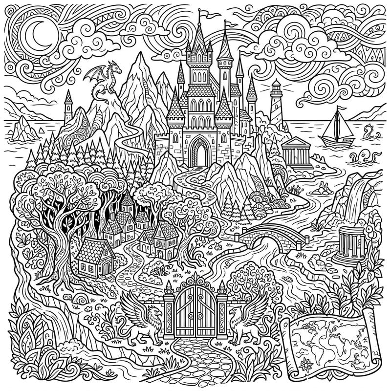 Uncover the magic of a legendary land with this intricate mythical island coloring page, thoughtfully designed for seniors. This captivating scene blends fantasy elements with clear lines for an engaging and accessible creative escape.