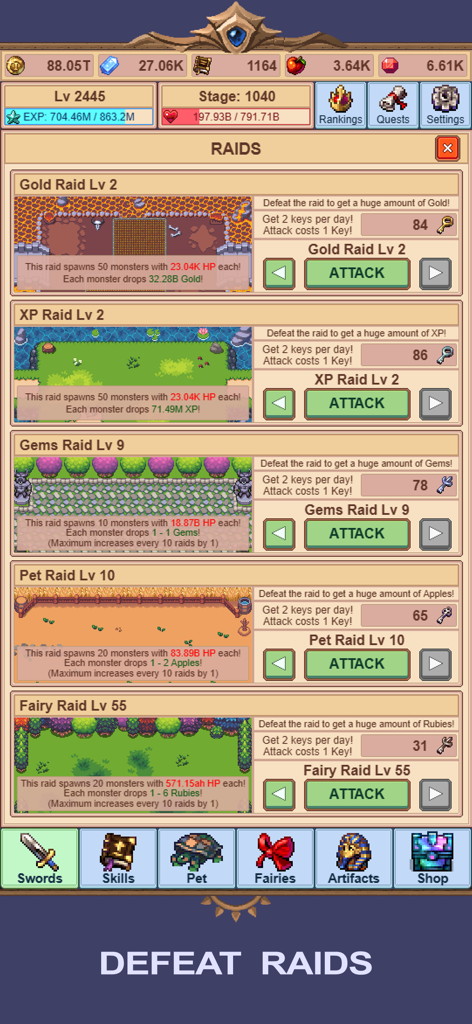 Interface of the Idle Sword Master game showing various raid levels and reward options for gold gems and pets