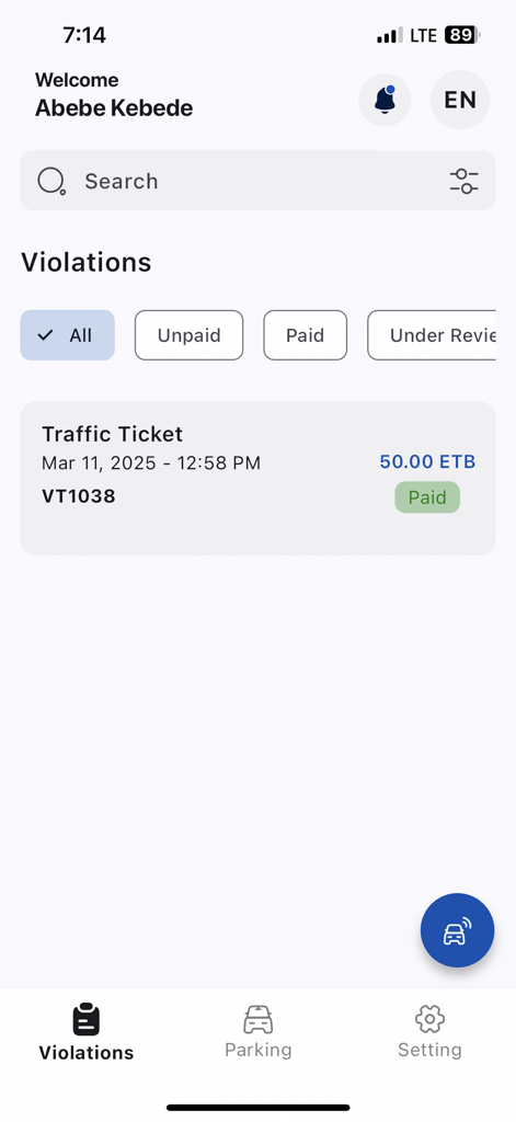 Interfaz de la aplicación AATMA Drivers que muestra una lista de infracciones de tráfico con filtros para multas pagadas y no pagadas.