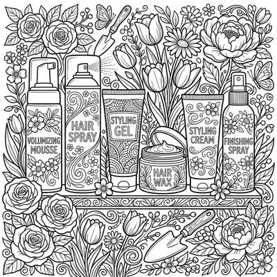 Indulge in the fresh spirit of spring with this detailed coloring page dedicated to haircare styling products. Discover an array of mousses, gels, and sprays elegantly surrounded by blooming flowers, perfect for a relaxing and creative session.