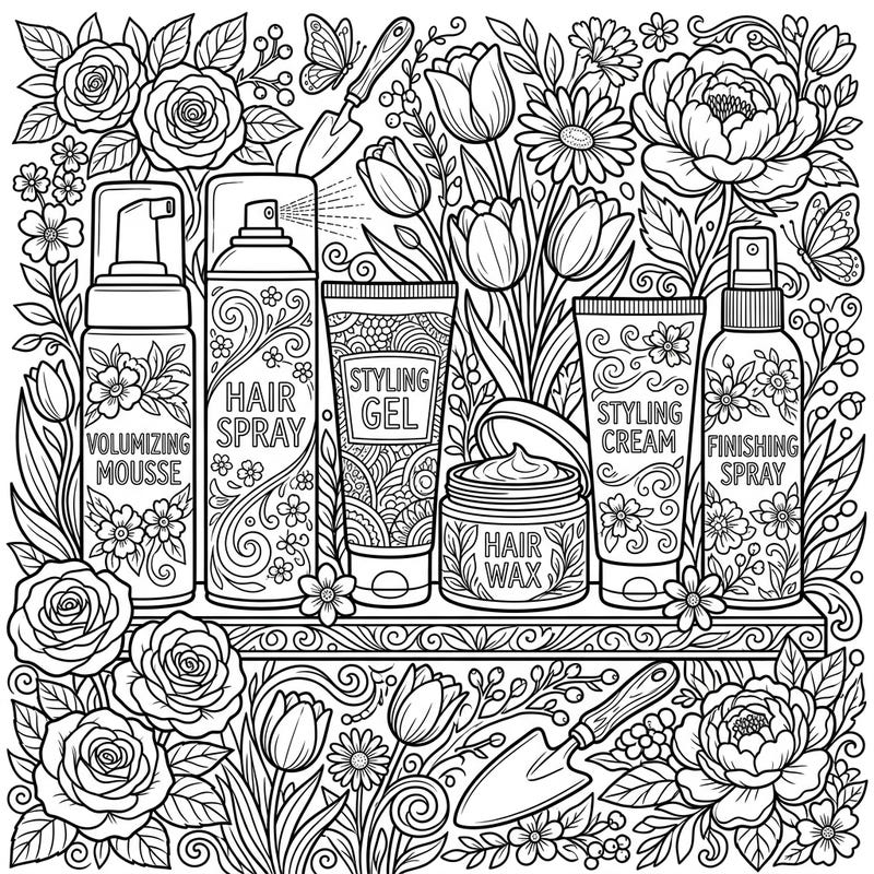 Indulge in the fresh spirit of spring with this detailed coloring page dedicated to haircare styling products. Discover an array of mousses, gels, and sprays elegantly surrounded by blooming flowers, perfect for a relaxing and creative session.