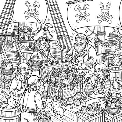 Join a lively pirate crew as they trade treasure for Easter eggs in this unique coloring page! Discover a ship deck filled with bunnies, decorated eggs, and festive flowers, ready for your creative touch.
