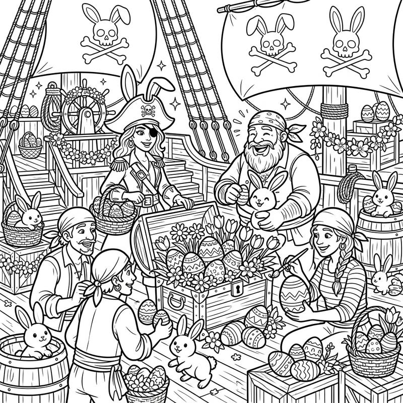 Join a lively pirate crew as they trade treasure for Easter eggs in this unique coloring page! Discover a ship deck filled with bunnies, decorated eggs, and festive flowers, ready for your creative touch.