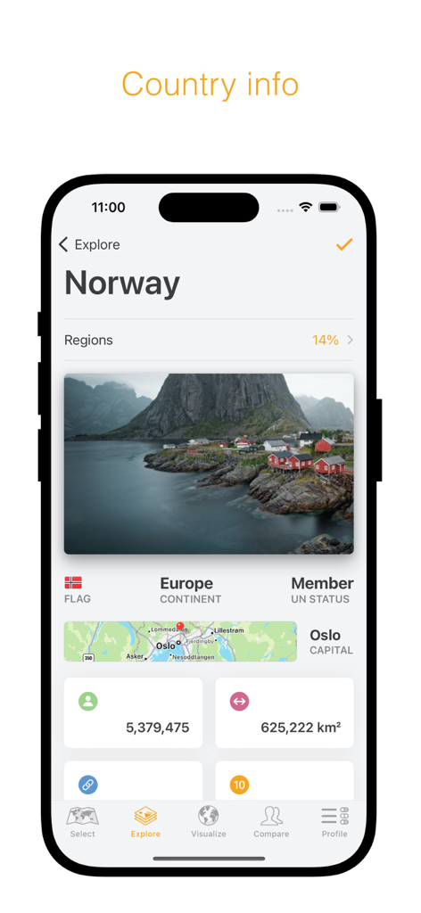 been - L'app been mostra informazioni sul paese Norvegia con una foto panoramica e statistiche di viaggio