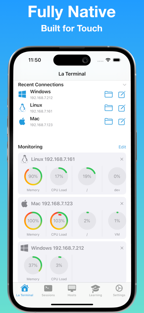 El panel del cliente SSH La Terminal mostrando monitorización de recursos del servidor y conexiones recientes para hosts Linux, Mac y Windows.