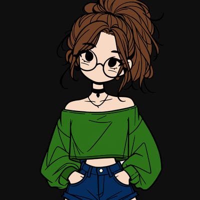 girl with a messy ponytail glasses a baggy crop top and jean shorts