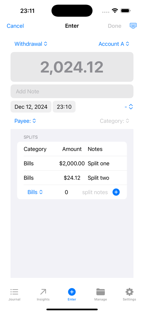 Money Manager EX - Interface of Money Manager EX showing a detailed split transaction for monthly bills.