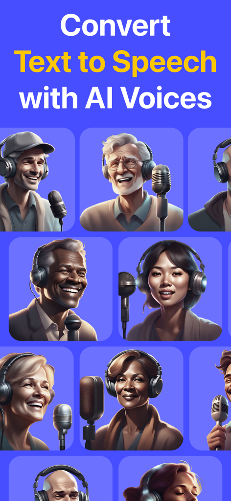 自然なテキスト読み上げボイスを表す、ヘッドフォンとマイクを装着した多様なAIアバターのグリッド