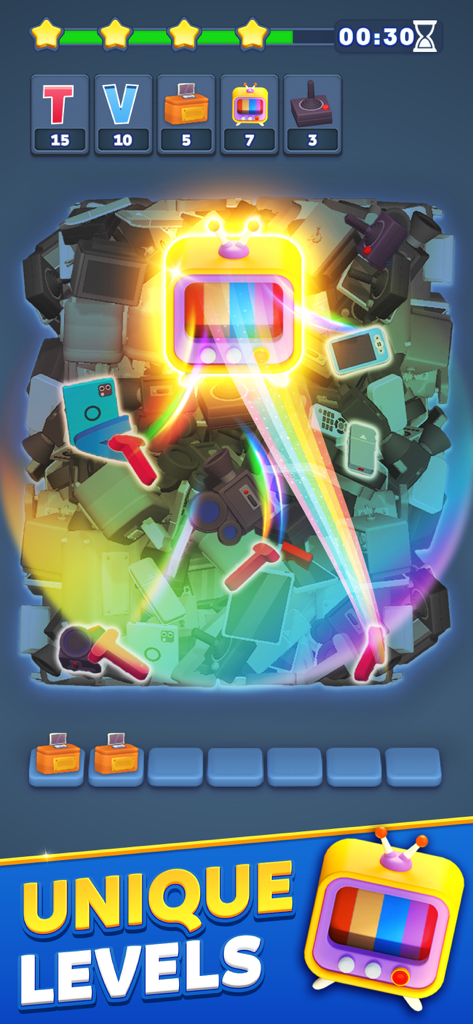 Match Hotel - 3D Puzzle Game - Gameplay screen of Match Hotel 3D puzzle game featuring a pile of colorful items to match and unique levels text