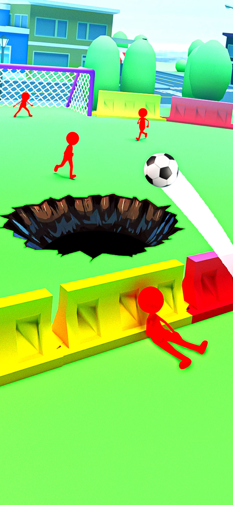 Una pelota de fútbol volando sobre un agujero en un campo de fútbol con jugadores stickman rojos.