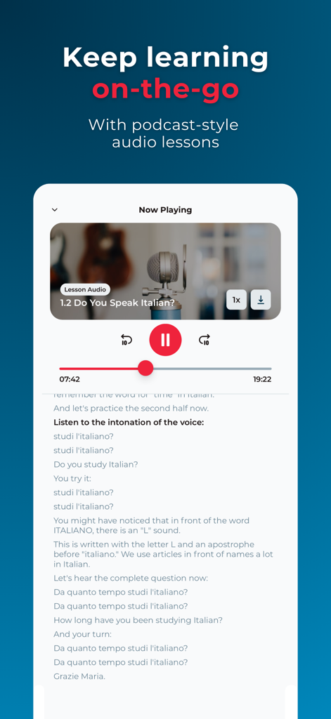 Rocket Languages - A mobile app interface from Rocket Languages featuring a podcast style Italian audio lesson with playback controls.