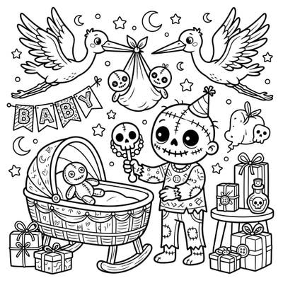 Get ready for a baby shower like no other with this Voodoo Zombie coloring page! Featuring charmingly spooky details and festive elements, it offers a unique twist on a classic celebration.