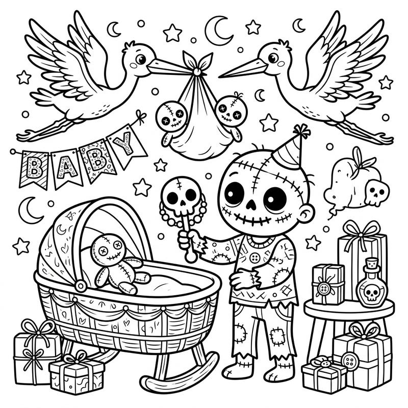 Get ready for a baby shower like no other with this Voodoo Zombie coloring page! Featuring charmingly spooky details and festive elements, it offers a unique twist on a classic celebration.