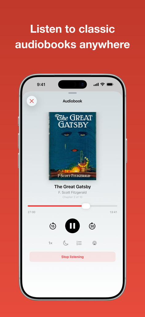 Must Read – The Book Tracker - Must Read app audiobook player screen featuring The Great Gatsby classic book