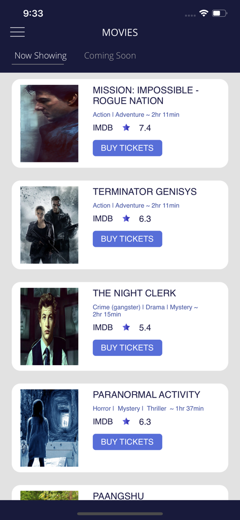 List of movies in the Now Showing section of the Scope Cinemas app with Buy Tickets buttons