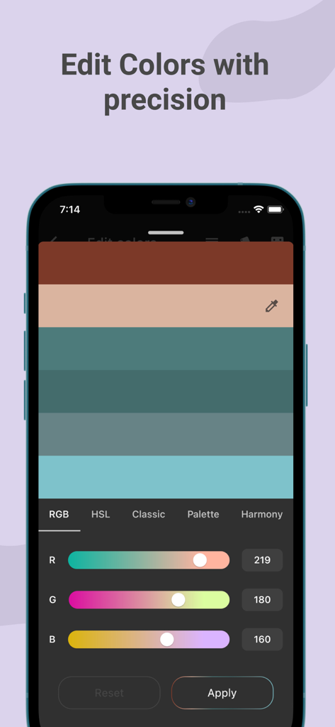 Color Wheel： Palette ColorGear - Interface of the Color Gear app showing RGB sliders and a color palette for precise color editing on a smartphone.