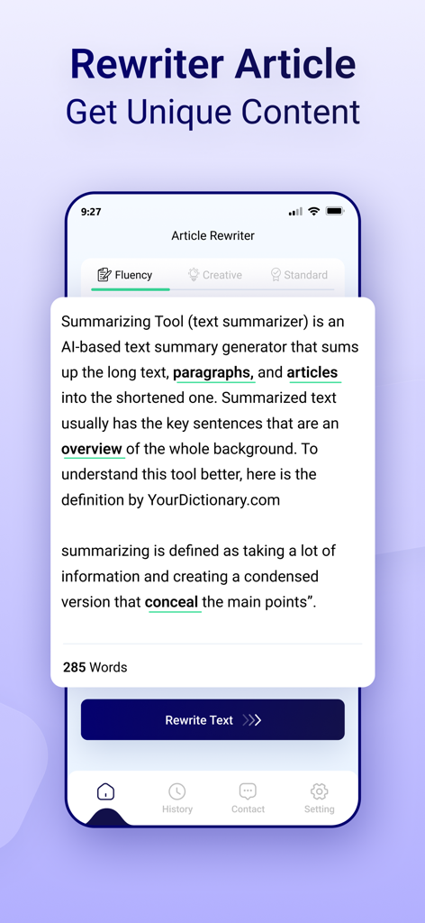 Article Rewriter Spinner - Artikel-Umformulierer Spinner-App-Bildschirm, der Textumformulierung für einzigartige Inhalte zeigt