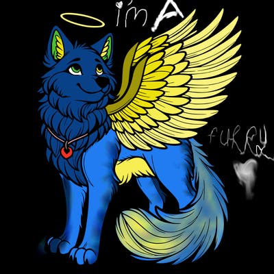 realistic wolf with wings and a halo