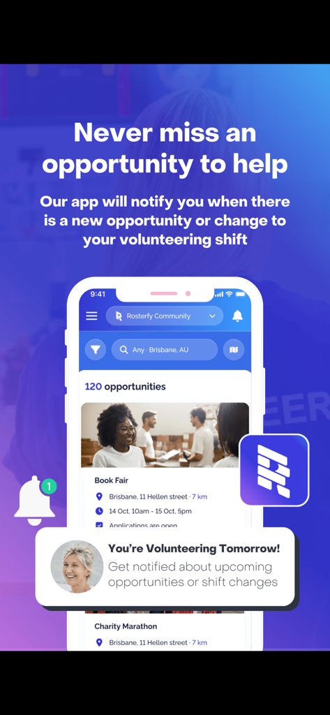 Rosterfy - Pantalla de smartphone que muestra las listas de oportunidades de voluntariado de la aplicación Rosterfy y una alerta de notificación de próximos turnos.