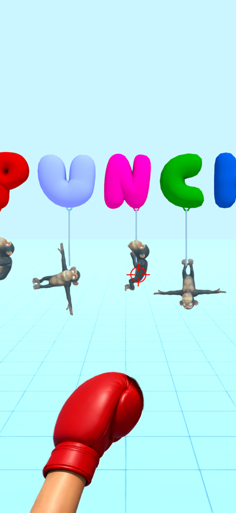 Annoying Monkey Punch - First person view of a red boxing glove targeting monkeys hanging from colorful balloons