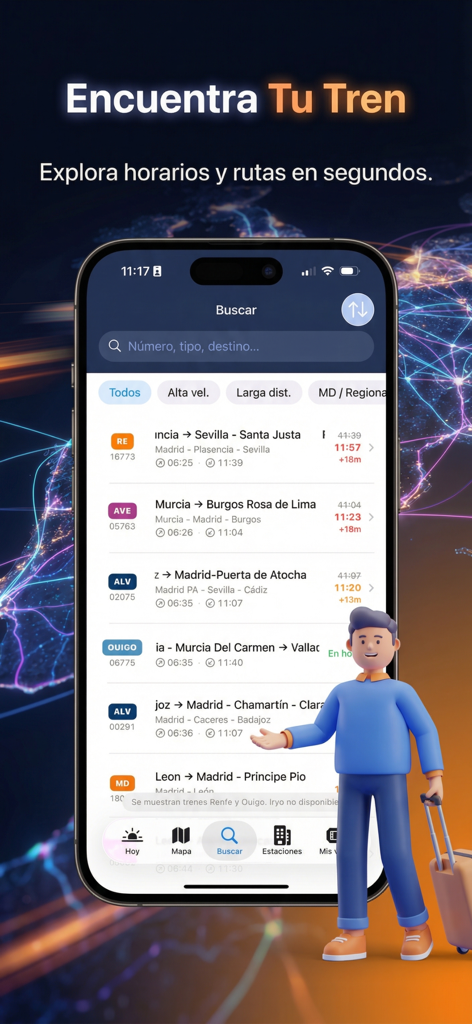 Spain Trains Live Map & Travel - Un smartphone affichant l'écran de recherche de l'application Spain Trains Live Map avec une liste d'horaires de trains en temps réel et le statut des retards.