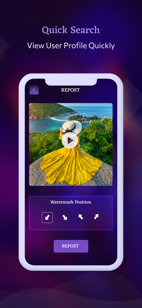 Story Savers : InStory - InStory app repost screen showing watermark position settings for shared content