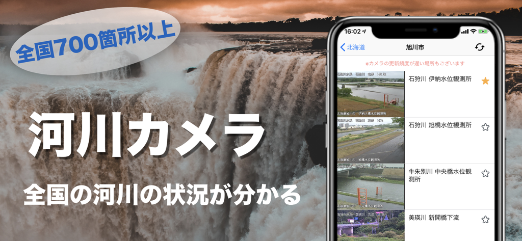 Screenshot der River Camera App, die eine Liste von Echtzeit-Flussüberwachungs-Feeds in Japan mit einem Wasserfall-Hintergrund anzeigt.