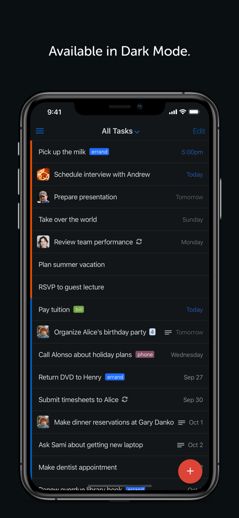 Remember The Milk: To-Do List - Remember The Milk app screenshot showing a task list in dark mode