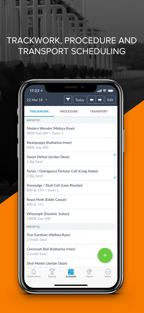 Interfaccia dell'app Prism per la programmazione del lavoro in pista e del trasporto per i cavalli purosangue