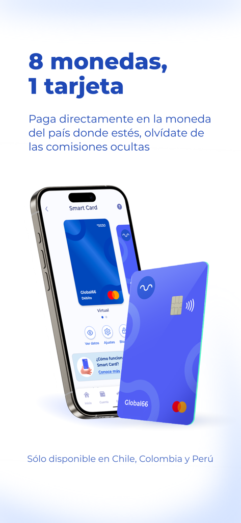 Global66: Tu Cuenta Global - Global66 mobile app interface displaying a virtual and physical multi-currency debit card