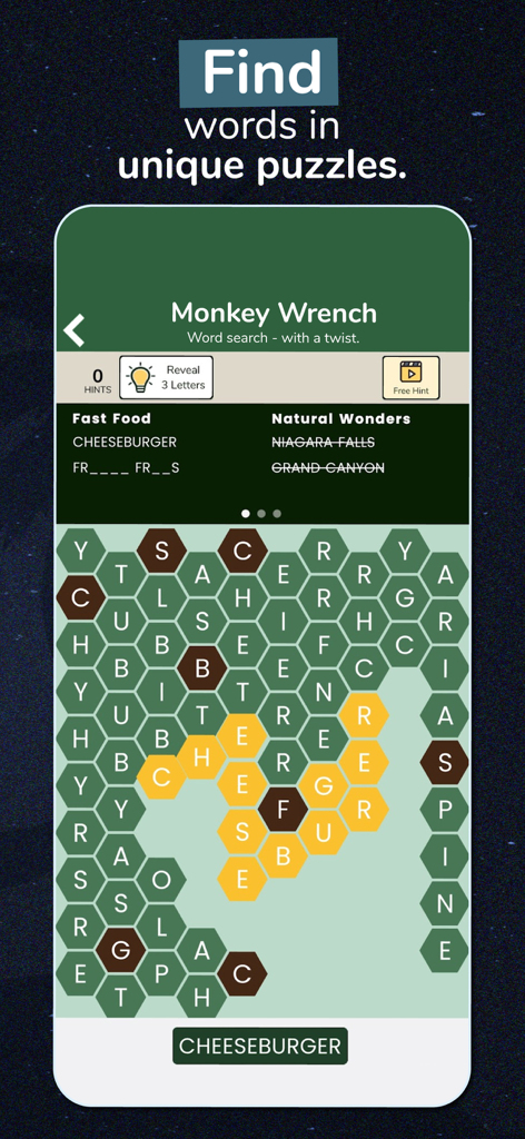 Monkey Wrench gameplay screen from the 7 Little Words app showing a hexagonal word search grid