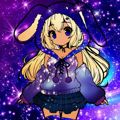pretty anime girl wearing a fluffy hoodie with bunny ears on the hood and a skirt