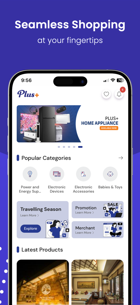 PLUS app home screen showing shopping categories and lifestyle products for employees