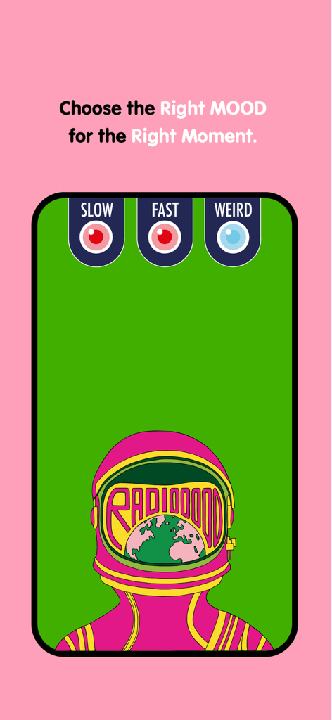 Radiooooo - Radiooooo app interface with buttons to select slow fast or weird musical moods