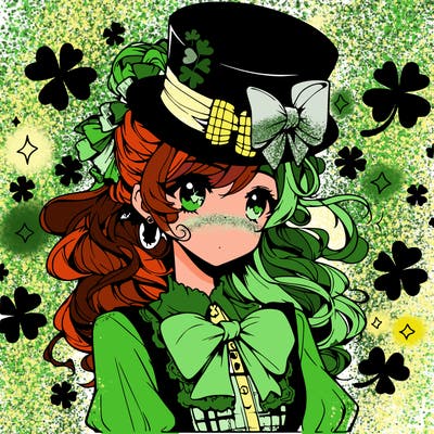 a manga-style girl with clovers around her, a little hat in her hair, like it's saint patrick's day