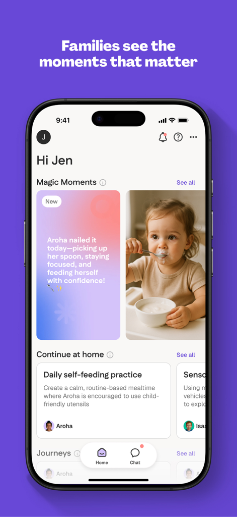 Mana (formerly LoveHeart AI) - 아동 발달 이정표와 가족을 위한 일일 업데이트를 보여주는 Mana 앱의 화면