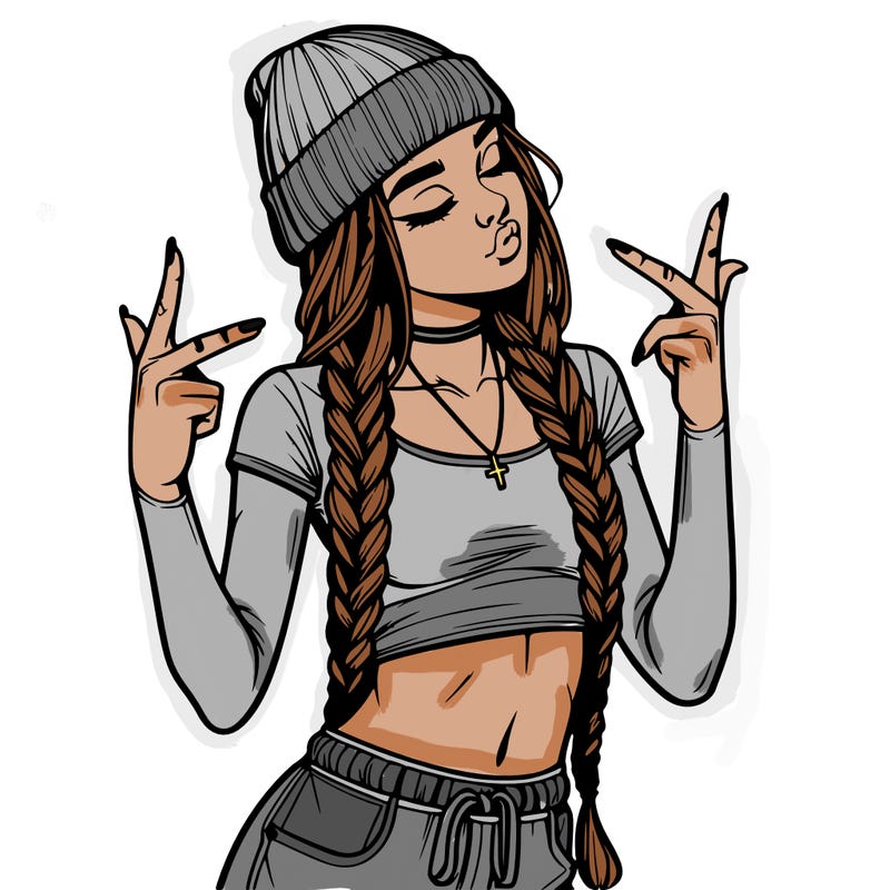 realistic teenage girl with braids and a beanie and crop top doing 🫶🏼