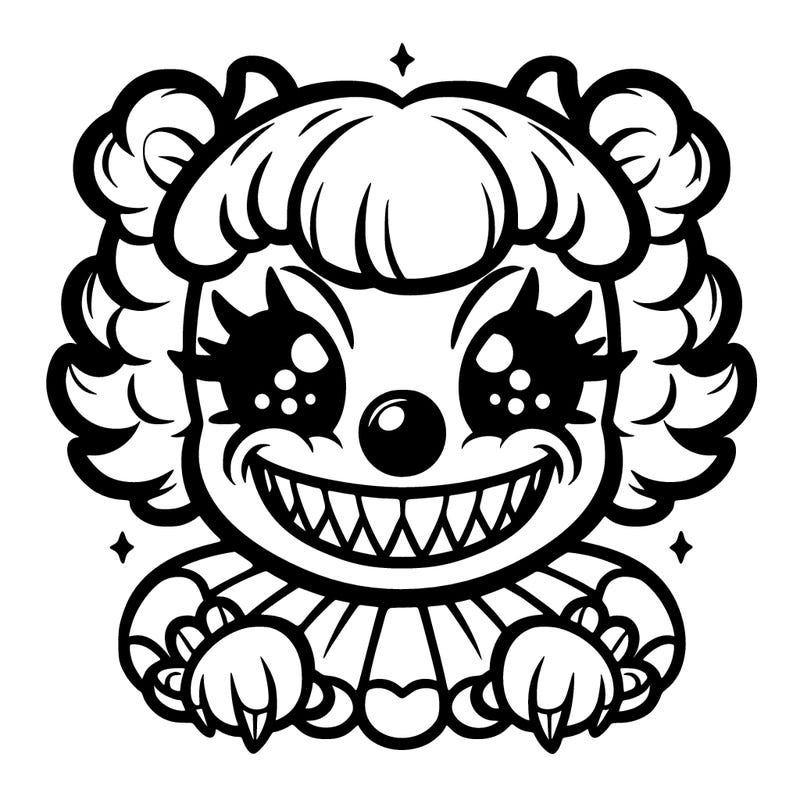 cute creepy clown girl with sharp teeth and wide grin and holes as eyes