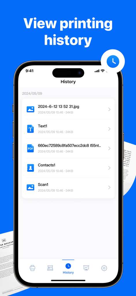 Printer App: All-in-One - A smartphone screen showing a list of recently printed documents and photos in the Printer App printing history section.