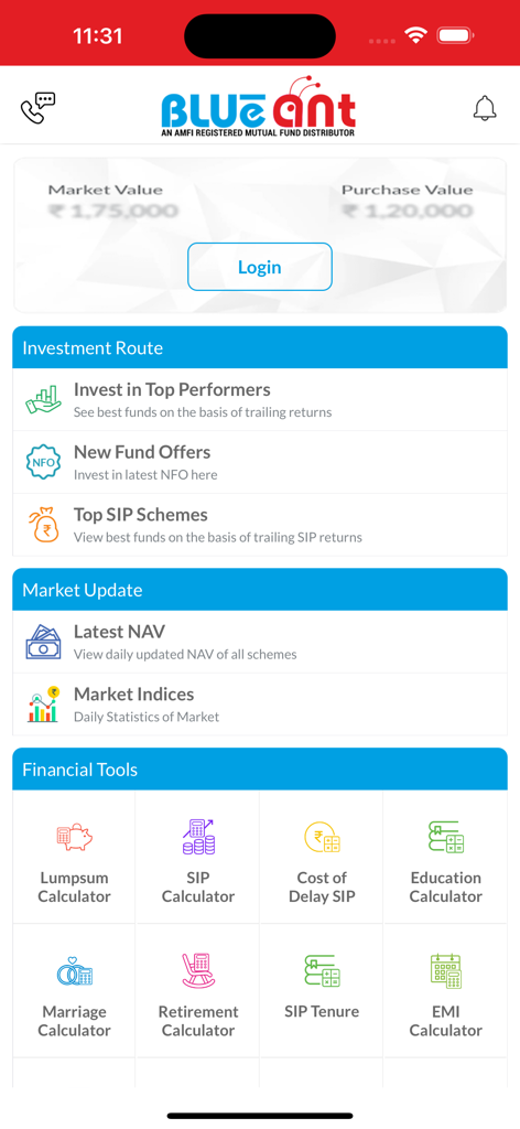 Dashboard of the BLUeaNT app displaying investment routes market updates and financial calculators for SIP and retirement