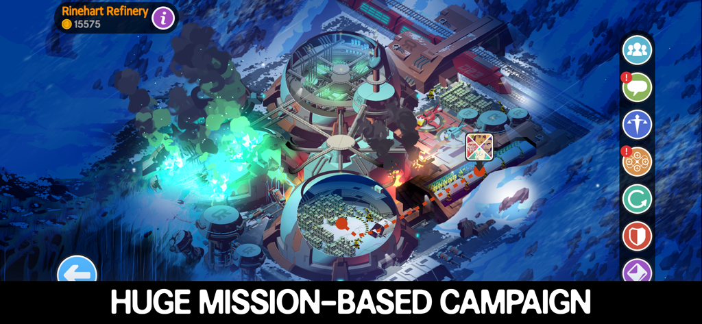 Ticket to Earth - Top-down view of the Rinehart Refinery on a snowy planet from Ticket to Earth showing the mission-based campaign map