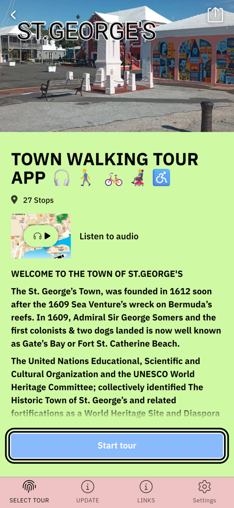 BERMUDA SMART TOURS - Interfaz de la aplicación Bermuda Smart Tours para el recorrido a pie por la ciudad de St. Georges, incluyendo opciones de audio guía y detalles históricos.
