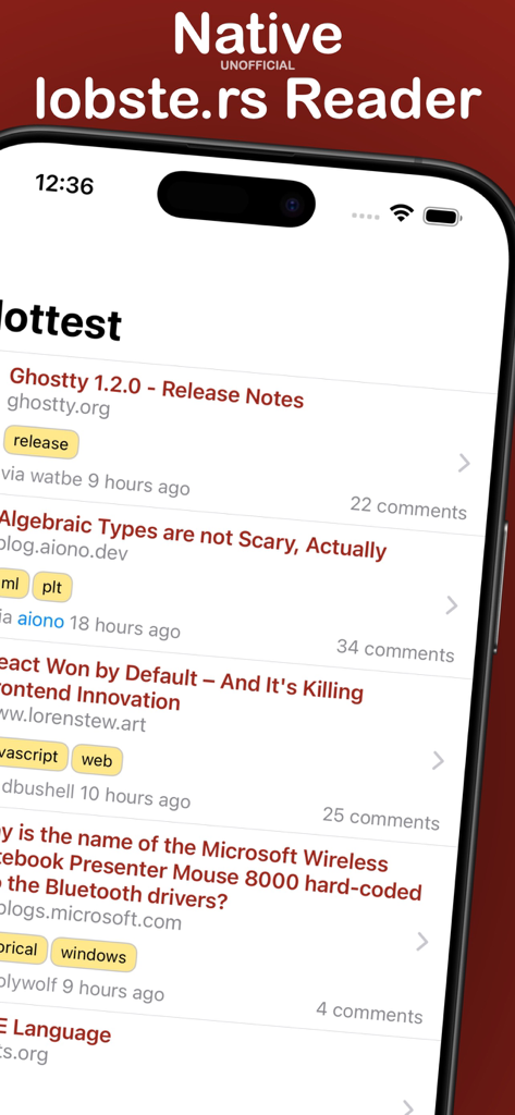 Claw app interface showing a feed of technical and programming news stories on an iPhone.