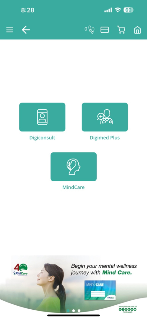 The HeyPhil 2.0 mobile app interface displaying three main service buttons: Digiconsult, Digimed Plus, and MindCare, alongside a mental wellness banner.