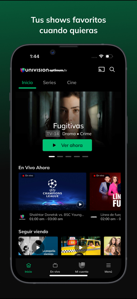 Univision app home screen showing Spanish language television series Fugitivas and live UEFA Champions League soccer matches.