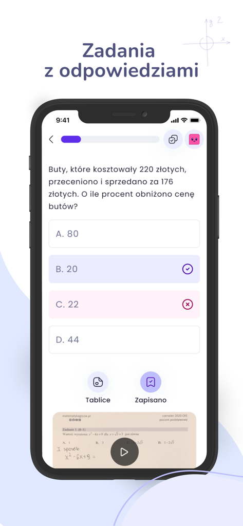 Matematyka Gryzie - Mobile app interface of Matematyka Gryzie showing a multiple choice math problem in Polish with correct and incorrect answer indicators