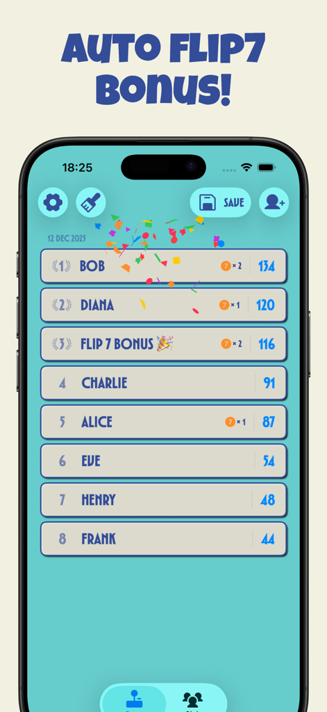 Flip7 Score - A real-time player leaderboard in the Flip7 Score app showing rankings and automated bonus calculations.
