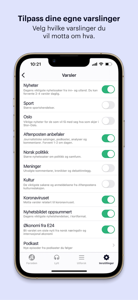 Aftenposten - Aftenpostenアプリの通知設定画面。ユーザーがトピック別にニュースアラートをカスタマイズできます。
